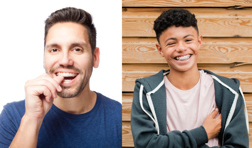 Side by side photo of a man with Invisalign aligners and a teenage boy with braces