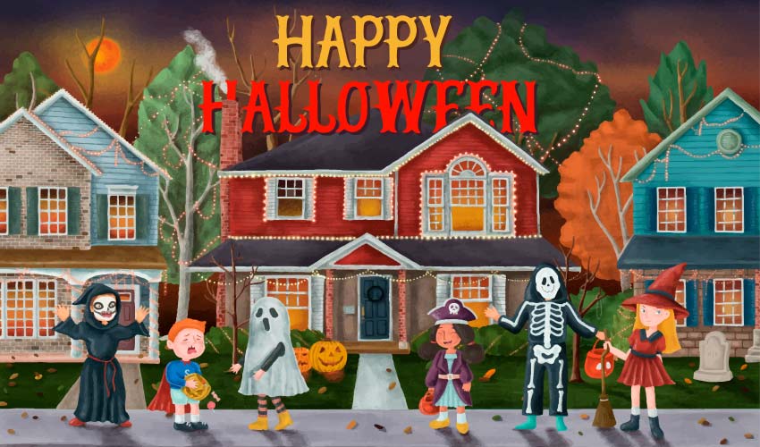 Cartoon image of kids in costumes trick or treating for Halloween candy