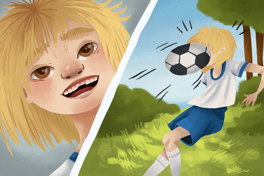 Cartoon showing a child getting a soccer ball in the face resulting in a chipped tooth.