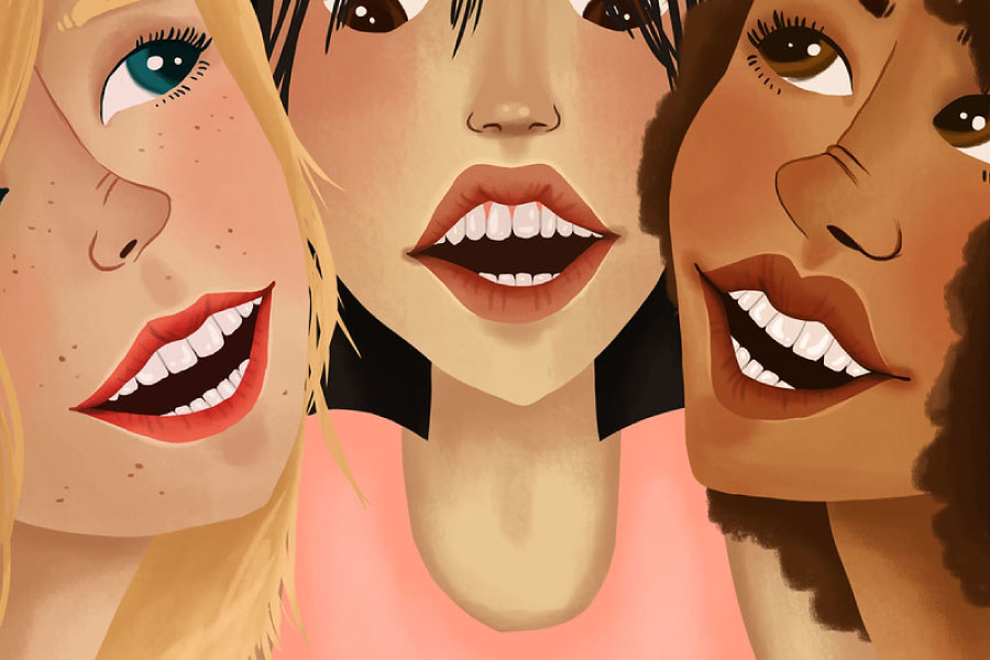 Three cartoon women smile after cosmetic dental procedures like veneers and teeth whitening.