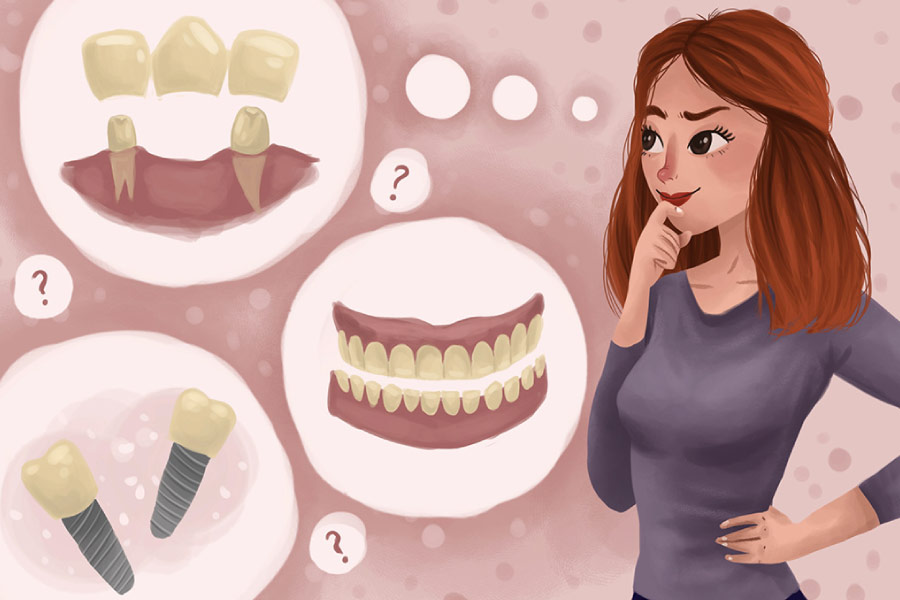 Cartoon of a woman with thought bubbles deciding between dental implants and dental bridges.