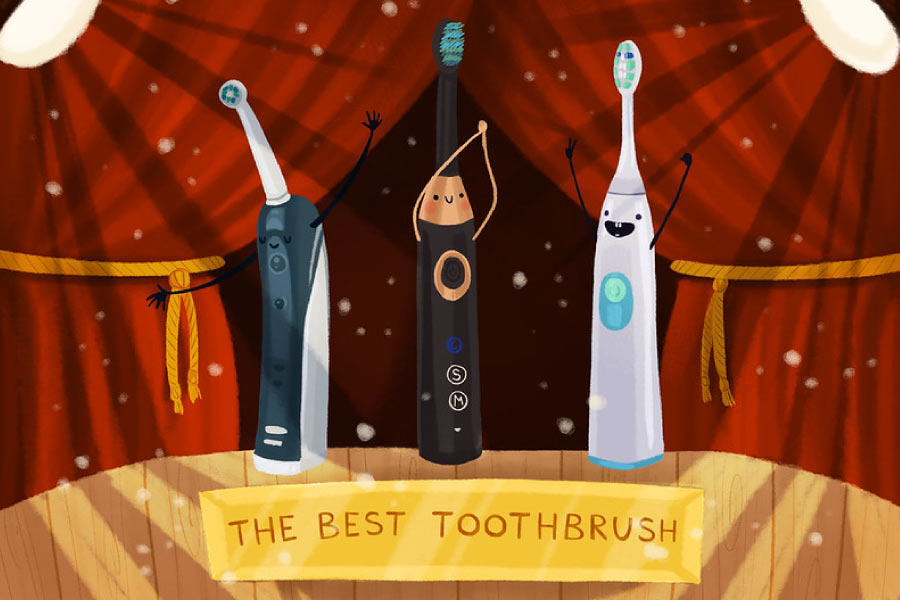 Cartoon with 3 electric toothbrushes on a stage titled "The Best Toothbrush."